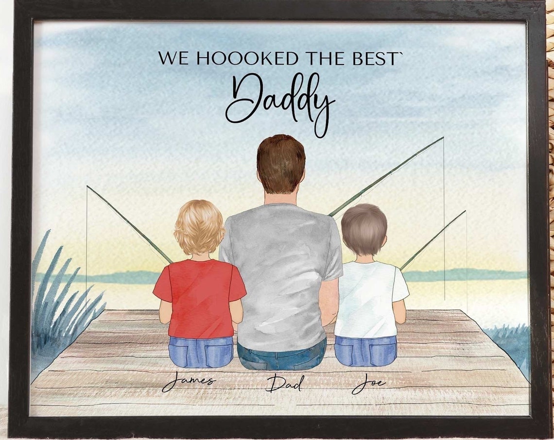 Gift For Dad Fishing Personalized Fishing Portrait Grandpa Gift Fishing Print Hooked On Dad Custom Family Fishing Lover Art Gift For Papa