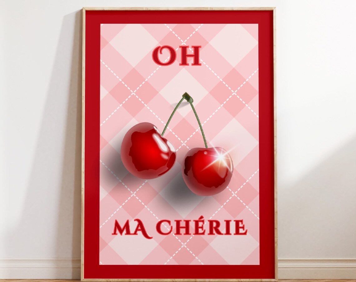 Oh Ma Cherie Glossy Red Cherries French Gingham Retro Fruit Poster - Image 3