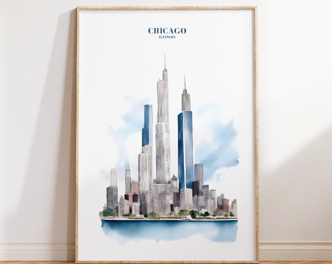 Chicago City Travel Print Art Pink Blue Chicago Travel Exhibition Print Trendy Wall Print Cityscape Travel Posters Usa