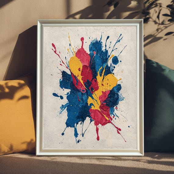Abstract Primary Colors Paint Splatter Painting Art Print Wood Framed Wall Decor