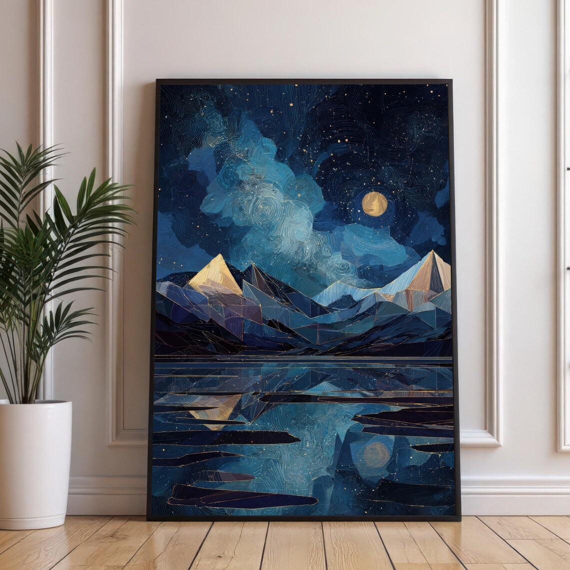 Starry Night Celestial Mountain Lake Geometric Fantasy Landscape Poster