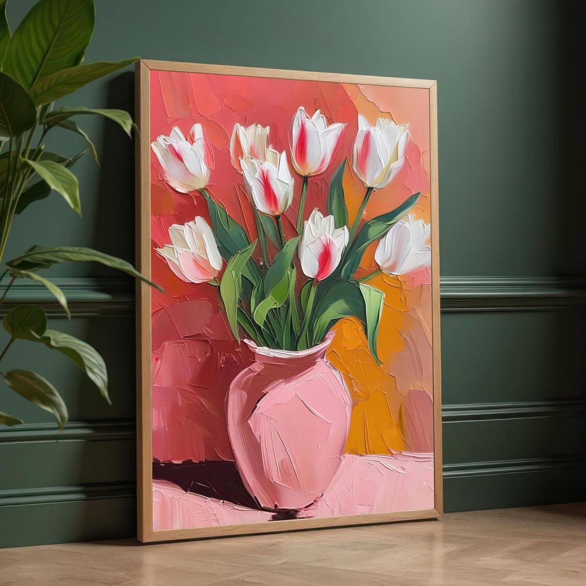 Textured Pink Tulips in Vase Warm Impressionist Floral Poster