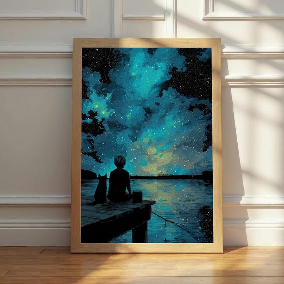 Boy Cat Fishing Wall Art Starry Night Lake Scene Print Peaceful Companion Dreamy Decor