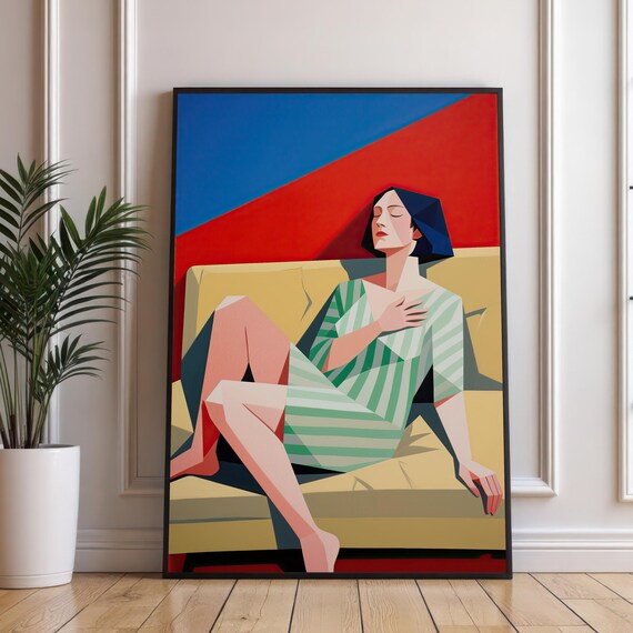 Reclining Woman Green Striped Dress Midcentury Geometric Art Poster