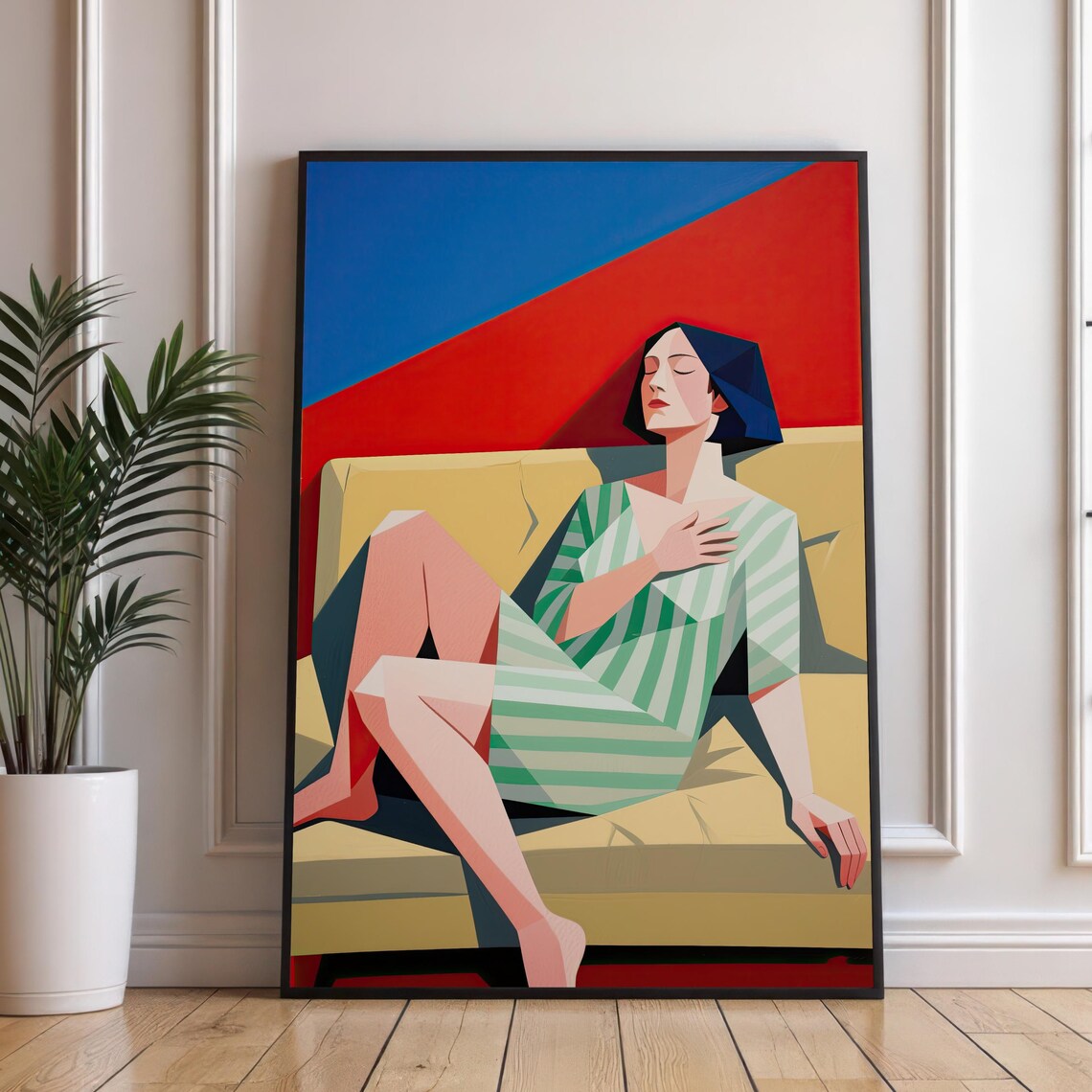 Reclining Woman Green Striped Dress Midcentury Geometric Art Poster