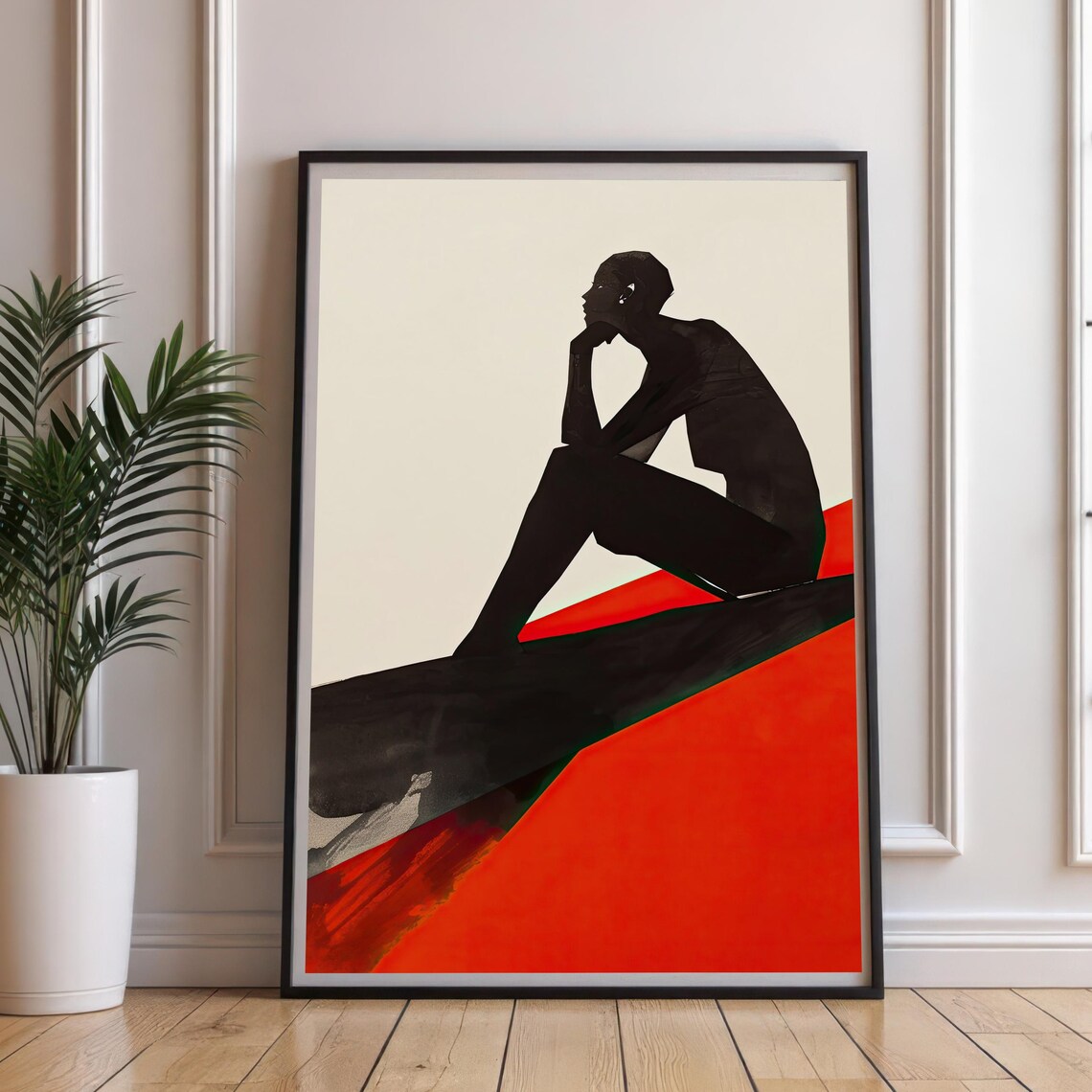 Pensive Silhouette Figure Abstract Red Minimalist Art Poster