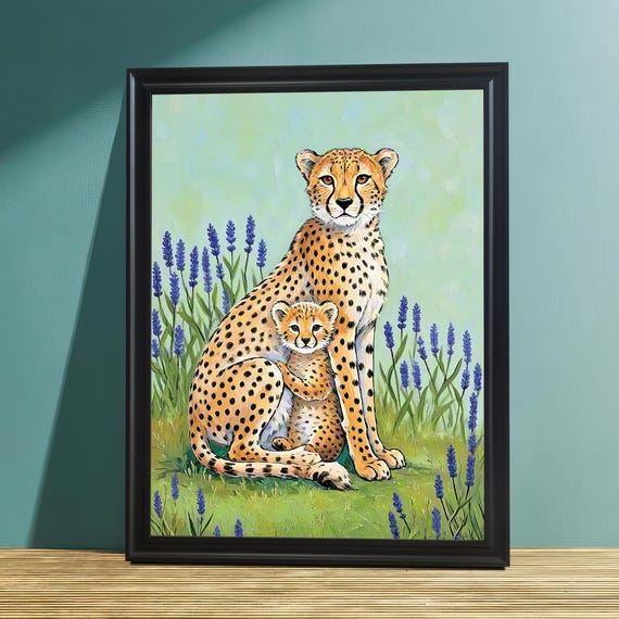 Cheetah Mother And Cub Art Print Wildlife Animal Wood Framed Poster Wall Hanging Decor