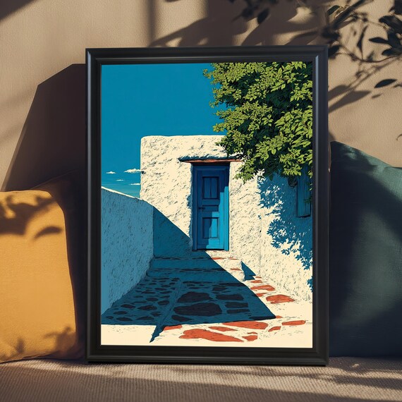 Greek Island Blue Door Mediterranean Architecture Travel Poster