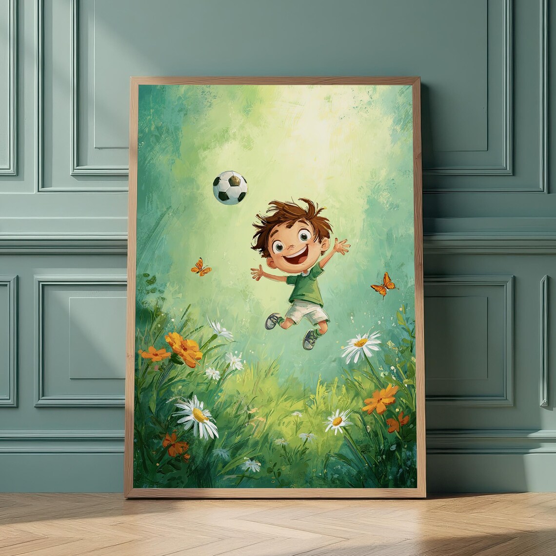 Joyful Soccer Boy Heading Ball Meadow Playful Sports Kids Art Poster