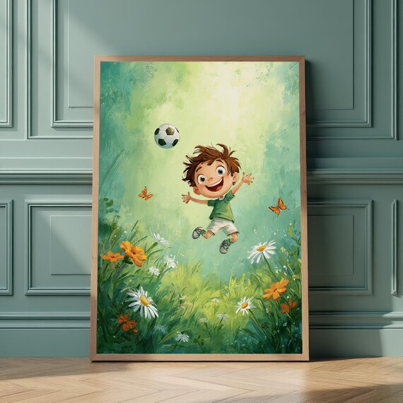 Joyful Soccer Boy Heading Ball Meadow Playful Sports Kids Art Poster