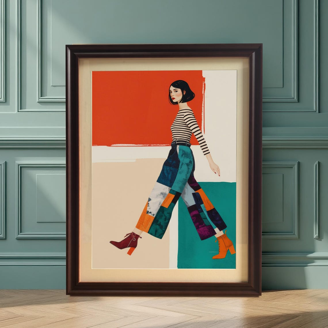Fashion Woman Walking Colorful Patchwork Pants Illustration Poster