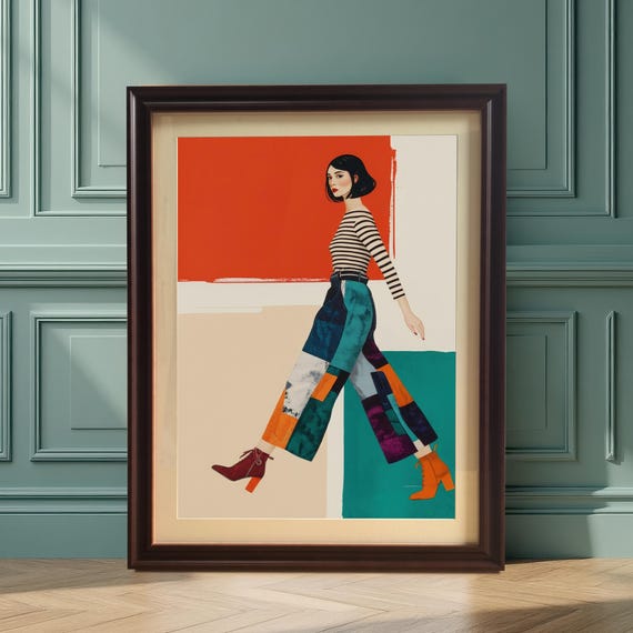Fashion Woman Walking Portrait Modern Art Print Wood Framed Wall Decor