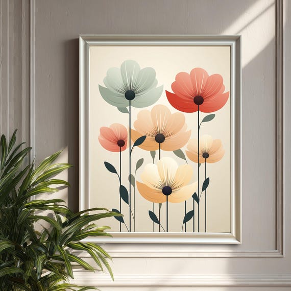 Minimalist Flower Wall Art Print Wood Framed Abstract Botanical Poster