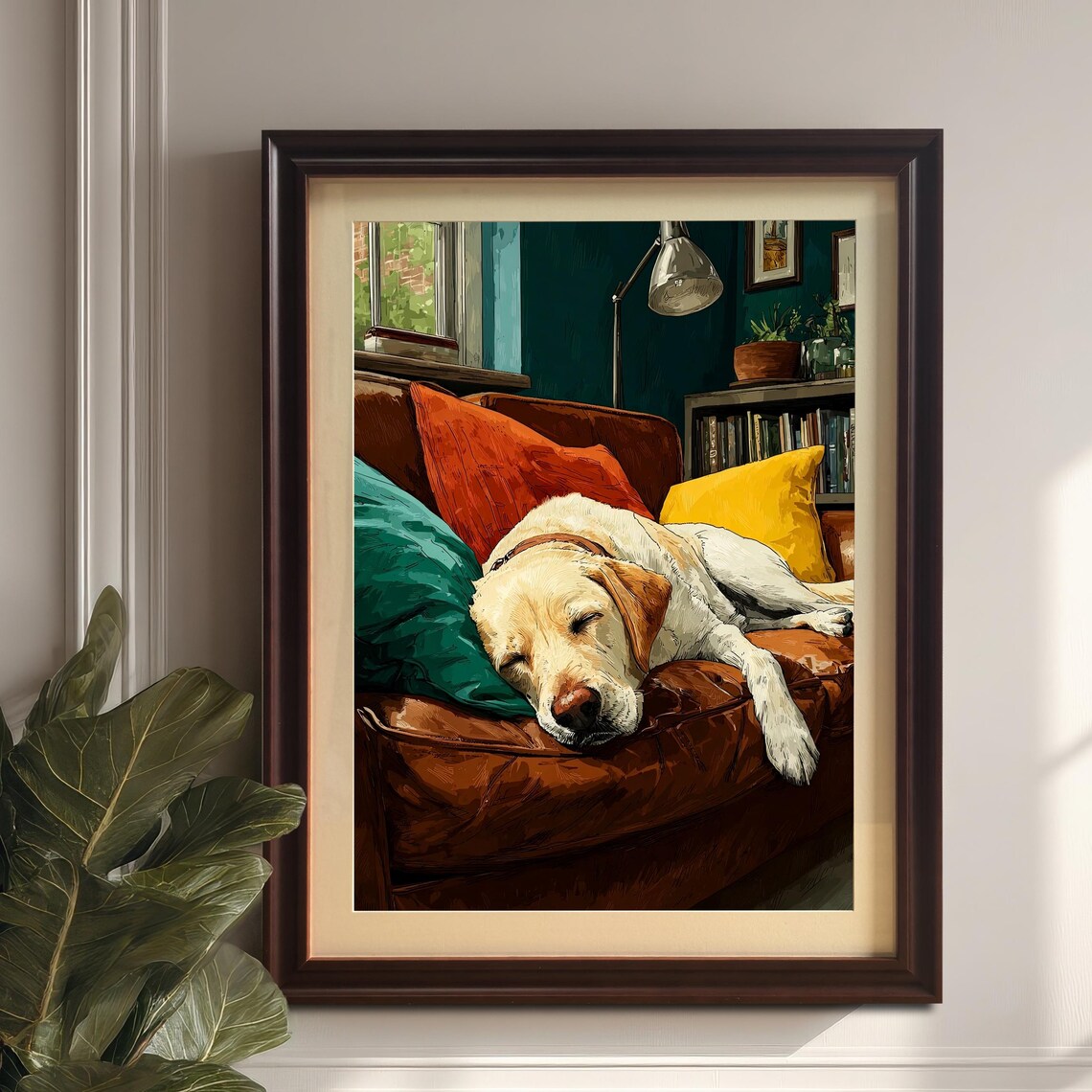 Sleeping Labrador Dog on Leather Couch Cozy Reading Room Poster