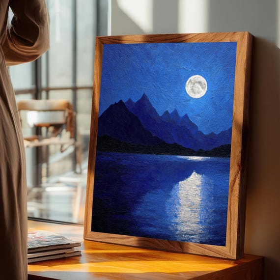 Moonlit Mountain Lake Art Wall Decor Serene Night Landscape Painting Celestial Print For Tranquil Home