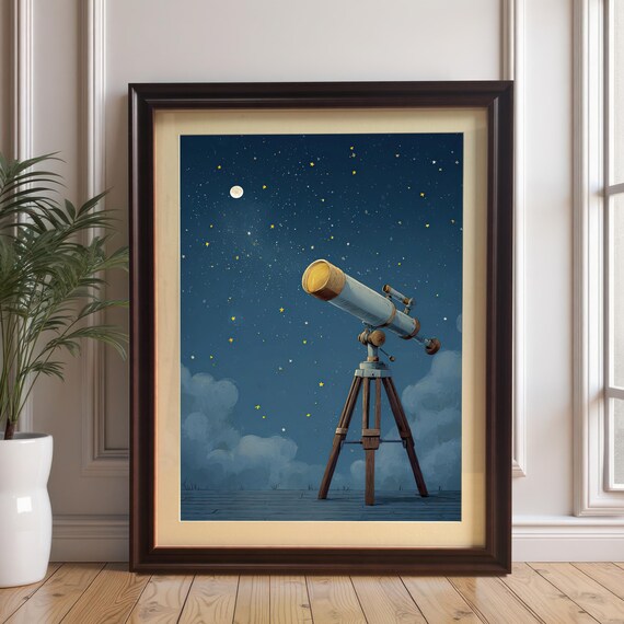 Starry Night Sky Retro Telescope Art Print