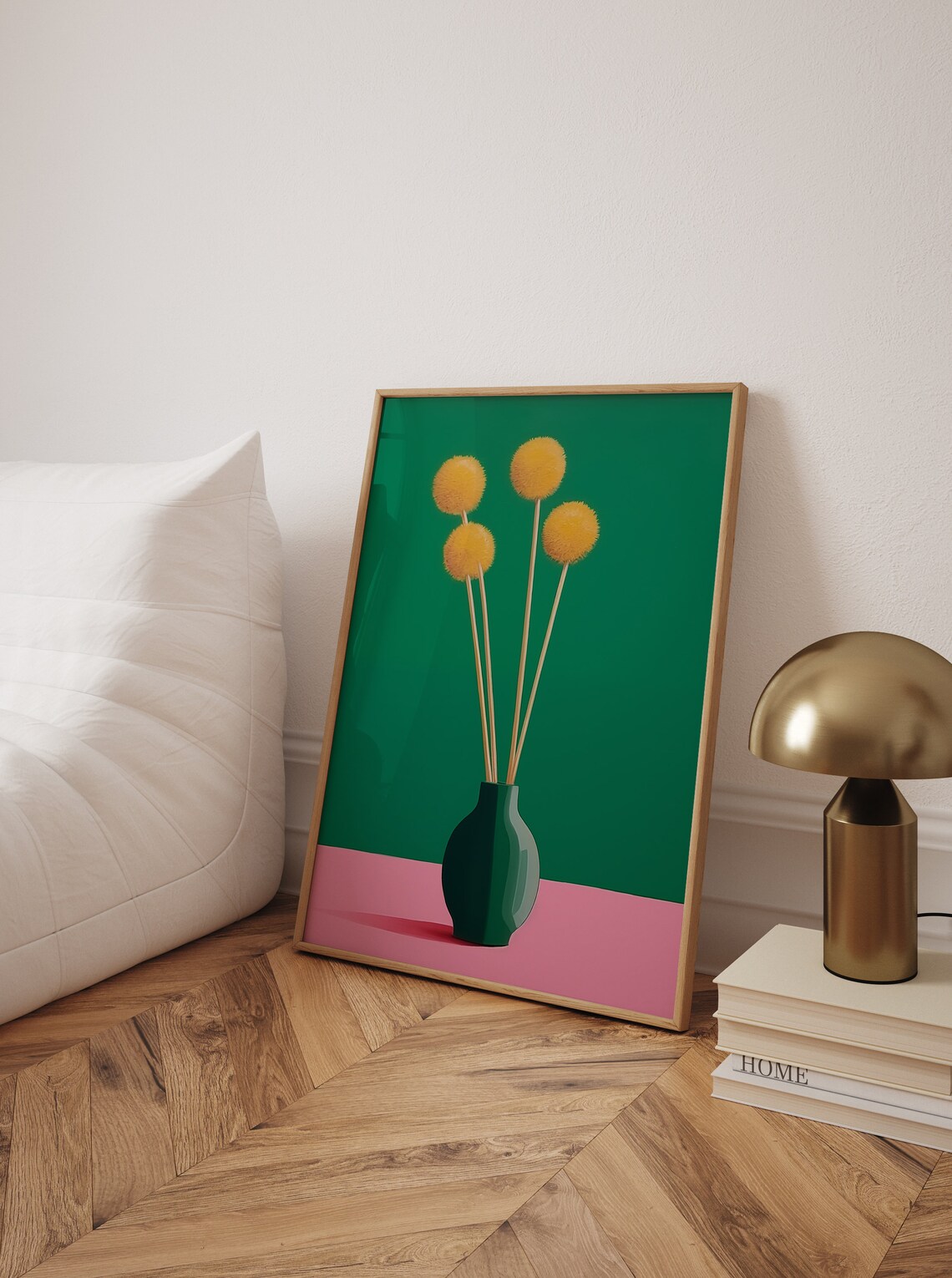 Yellow Billy Balls Flowers Green Vase Modern Floral Art Poster - Image 2