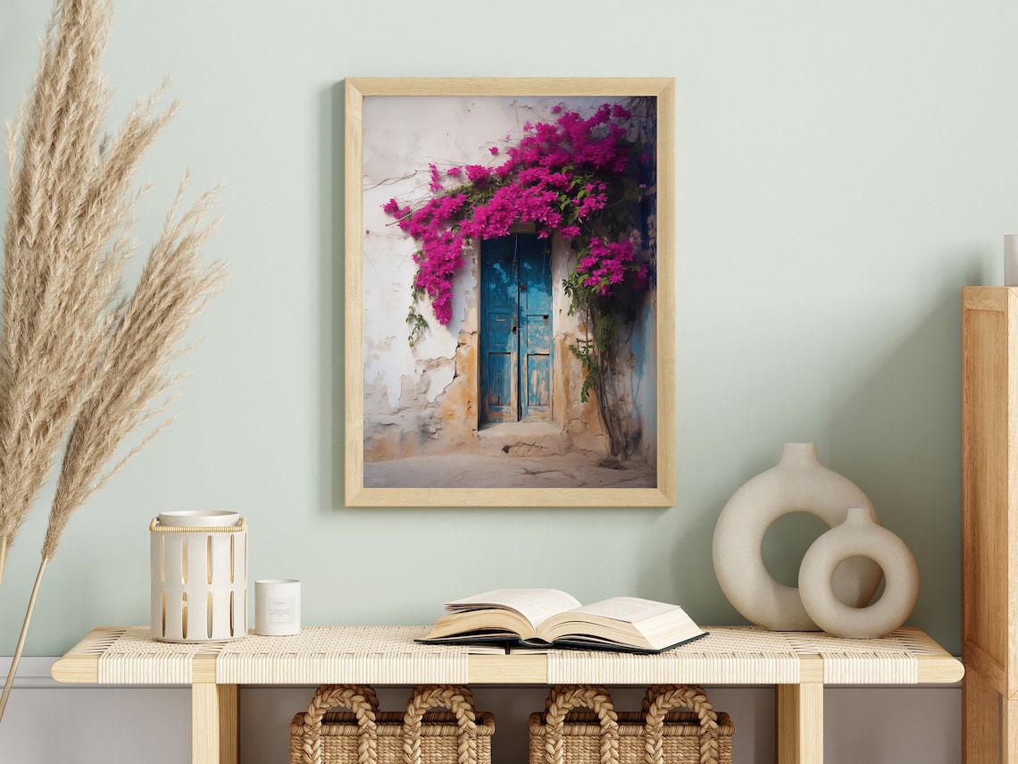 Blue Door With Bougainvillea Flowers, Vintage Floral Art - Image 2
