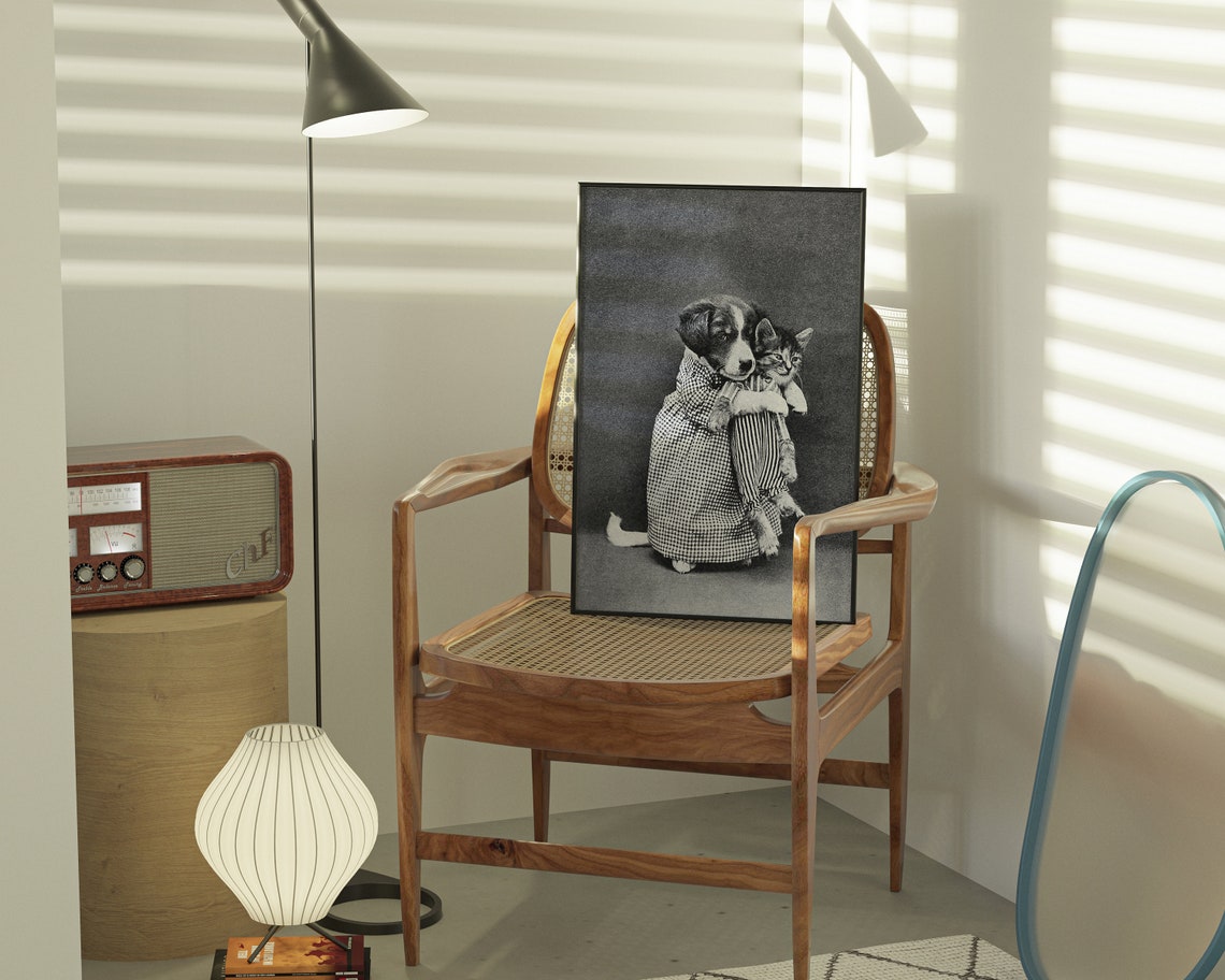 Vintage Black And White Puppy Hugging Kitten Dressed Up Photo Poster - Image 2