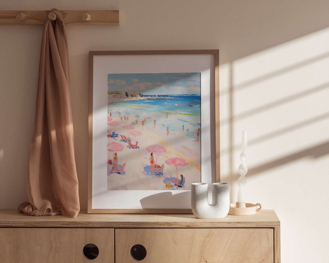 Sunny Beach with Pink Parasols Swimmers Coastal Painting Poster - Image 2