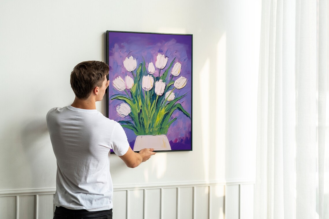 White Tulips Textured Impasto Oil Painting Purple Background Poster - Image 2