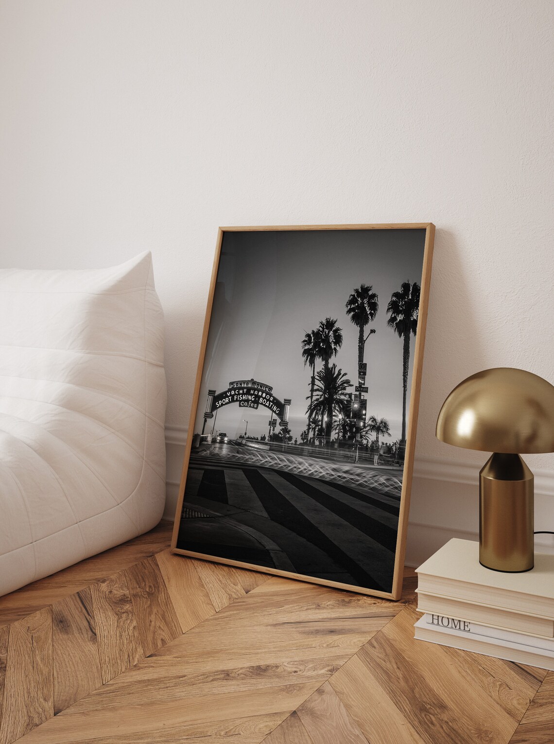 Santa Monica Pier Sign Night California Black White Photo Poster - Image 2