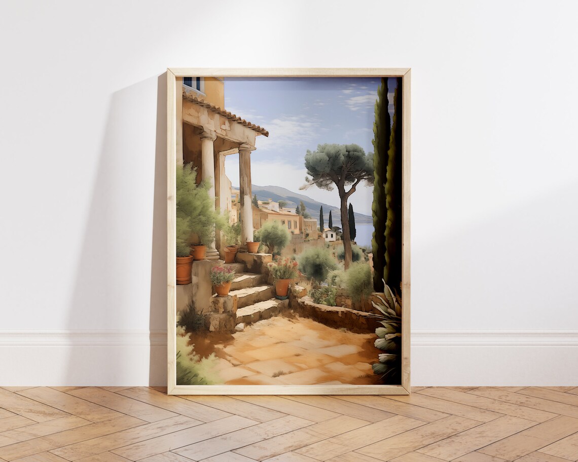 Italian Terrace Cypress Trees Lake Mediterranean Villa Art Poster