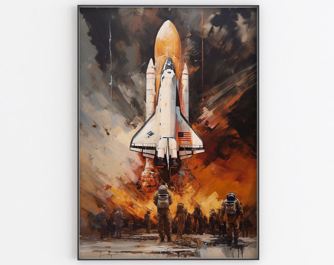 Space Shuttle Launch Painting Astronauts Watching Fiery Liftoff Poster