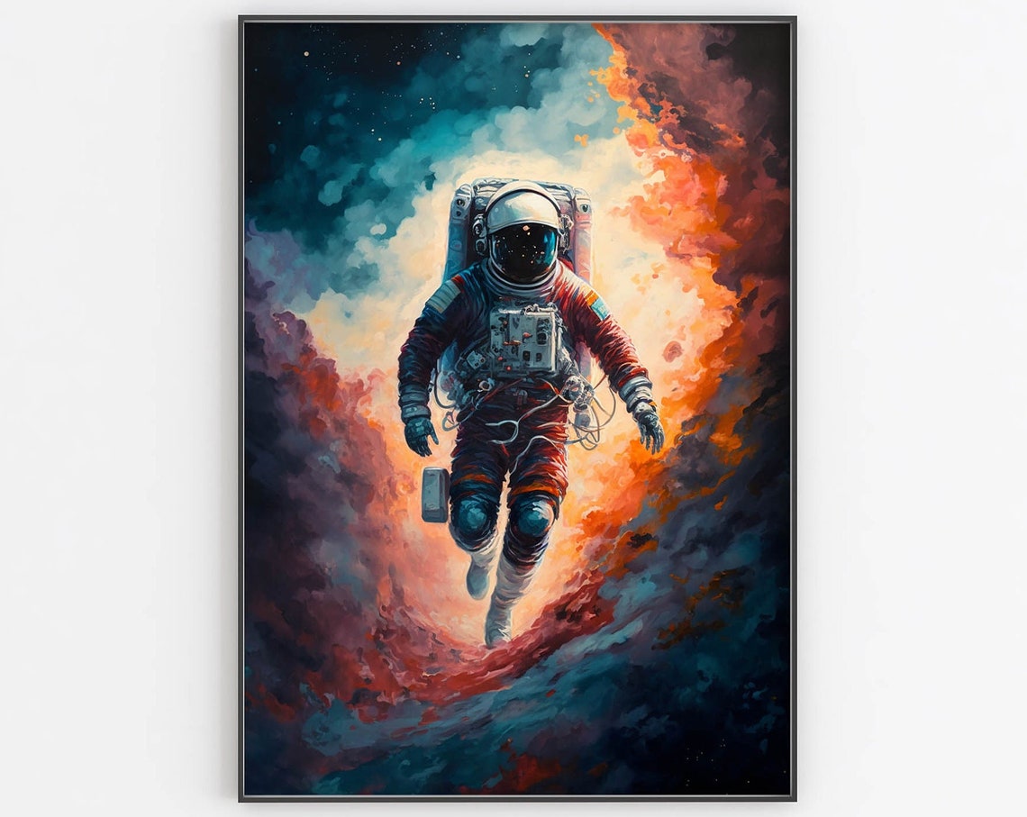 Floating Astronaut Poster Colorful Nebula Clouds Deep Space Art