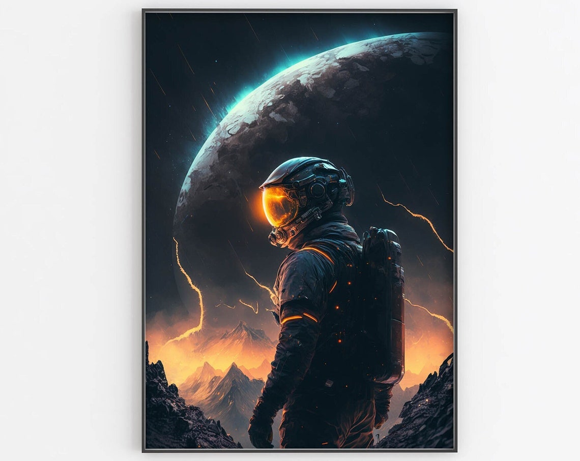Astronaut Facing Giant Planet Poster Lightning Storm Cosmic Scene Art