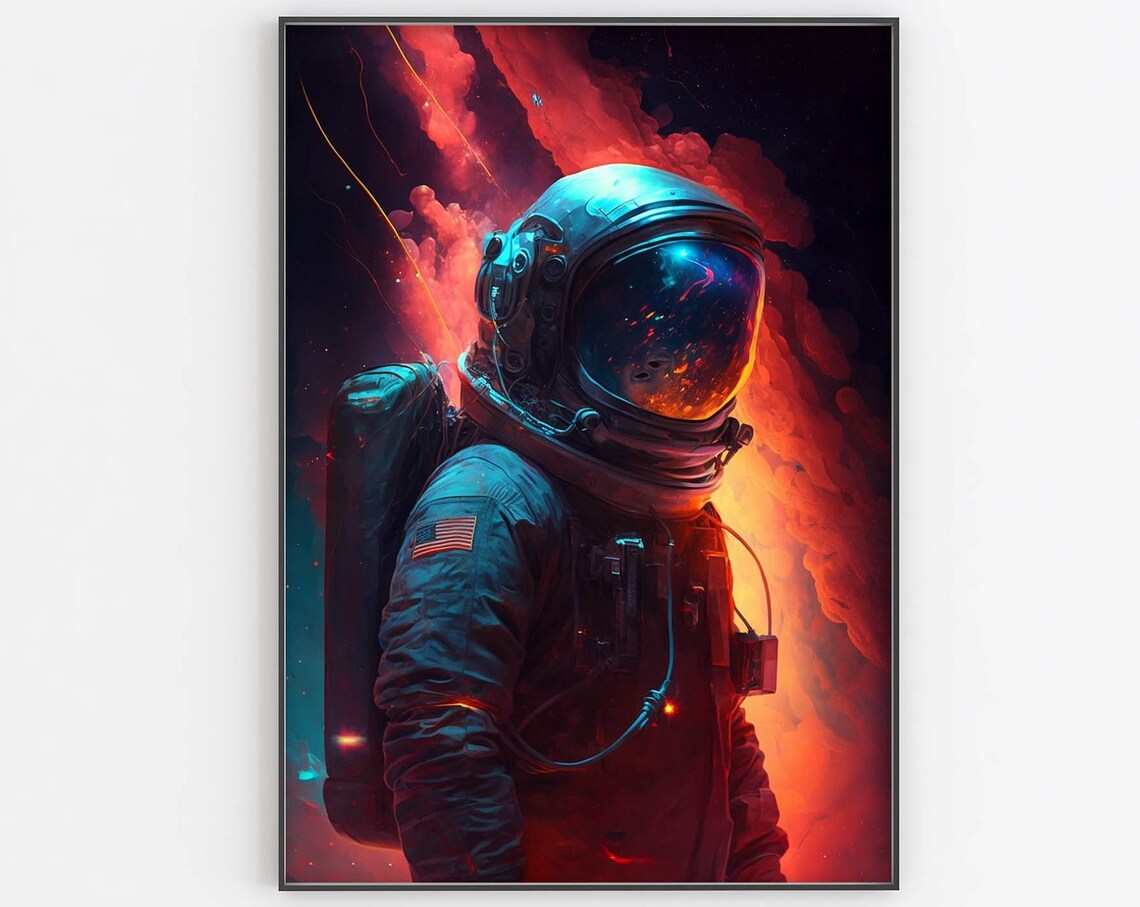 Astronaut In Red Nebula Poster Flag Patch Teal Helmet Space Artwork