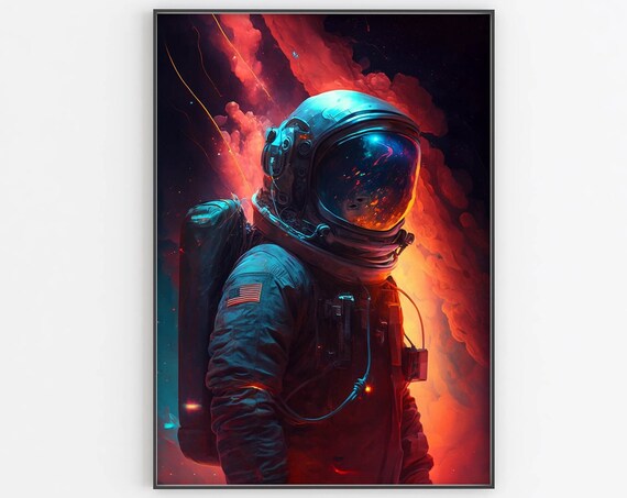 Astronaut In Red Nebula Poster Flag Patch Teal Helmet Space Artwork