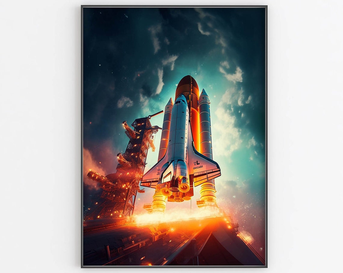 Space Shuttle Night Launch Gantry Tower Dramatic Liftoff Poster