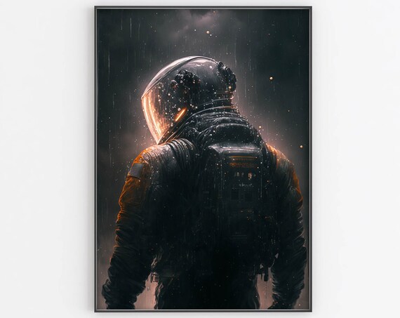 Astronaut Standing In Dark Rain Poster Moody Amber Visor Glow Artwork