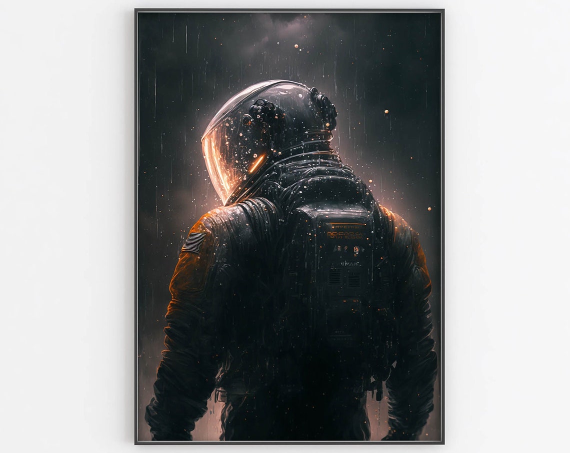 Astronaut Standing In Dark Rain Poster Moody Amber Visor Glow Artwork
