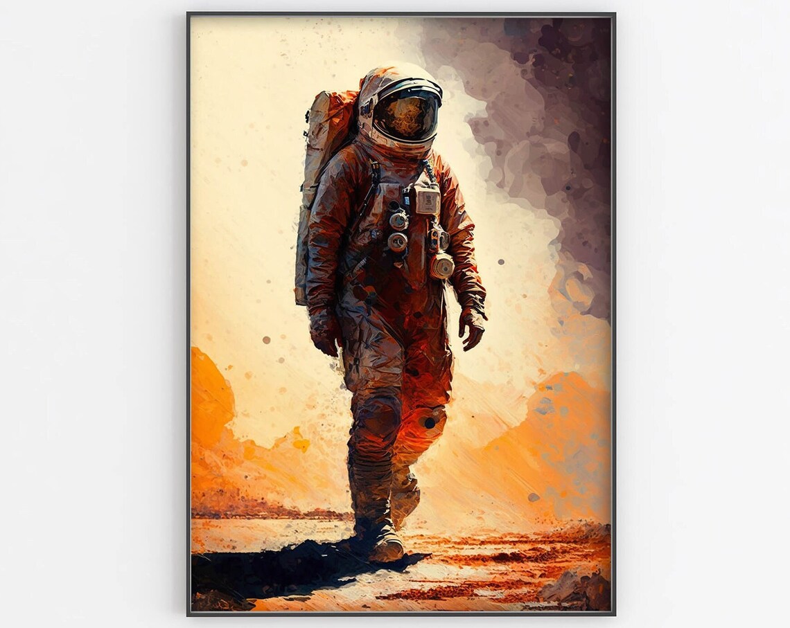 Astronaut Walking Desert Watercolor Poster Warm Orange Haze Artwork