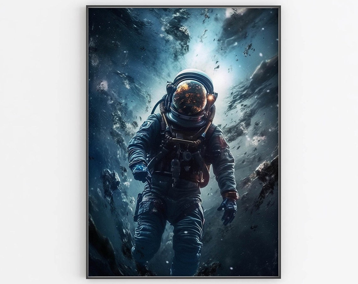 Astronaut Drifting in Asteroid Field Glowing Visor Cosmic Poster