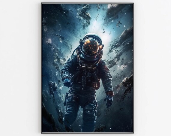 Astronaut Drifting in Asteroid Field Glowing Visor Cosmic Poster