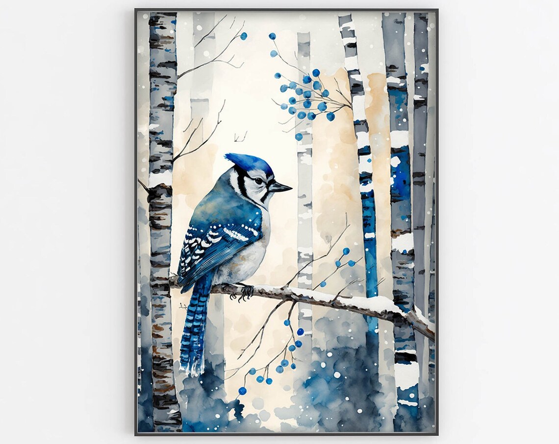 Winter Blue Jay Birch Tree Blue Berries Snow Watercolor Wall Art