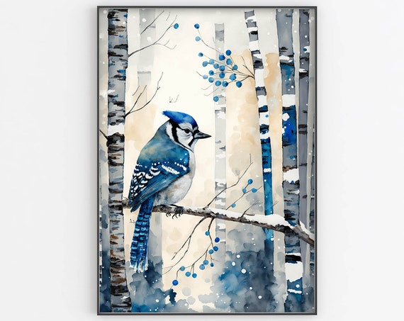 Blue Jay Watercolor Painting Blue Jay On A Tree Painting Blue Jay Art Poster Print Wall Decor Blue Jay Wall Art Home Decor Large Wall Art