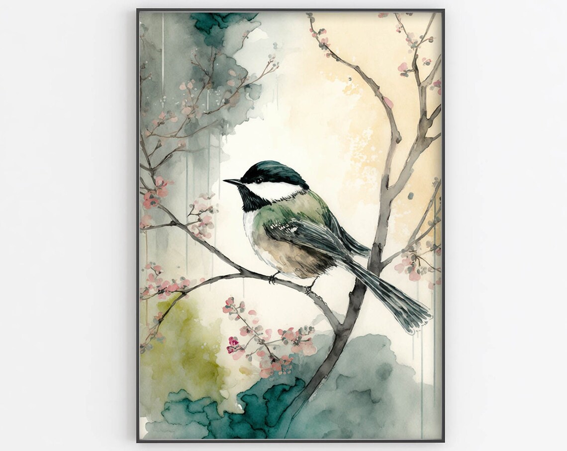 Ink Black Capped Songbird Blossom Branch Teal Watercolor Print