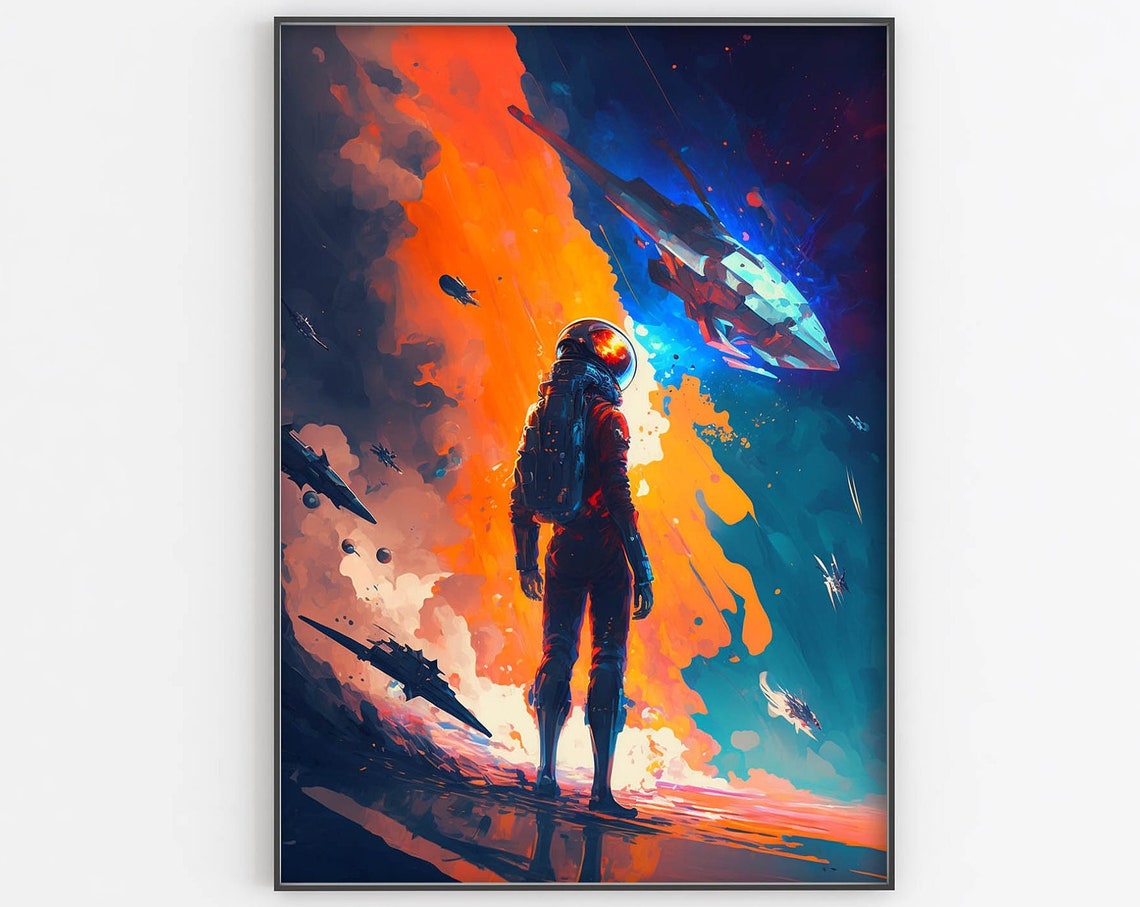 Astronaut Spaceship Fleet Poster Sci Fi Galaxy Orange Blue Art