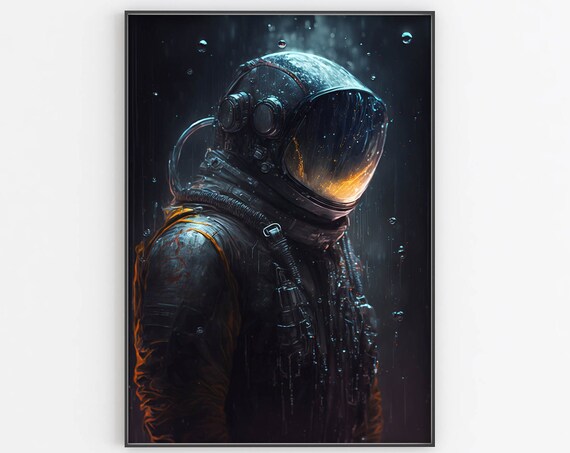 Astronaut Close Up In Rain Poster Golden Visor Light Dark Space Art