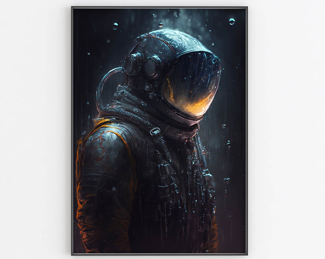 Astronaut Close Up In Rain Poster Golden Visor Light Dark Space Art