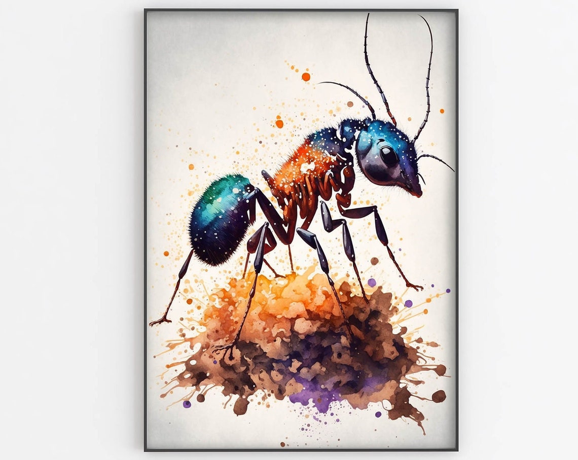 Watercolor Ant Poster Colorful Insect Macro Paint Splash Nature Art