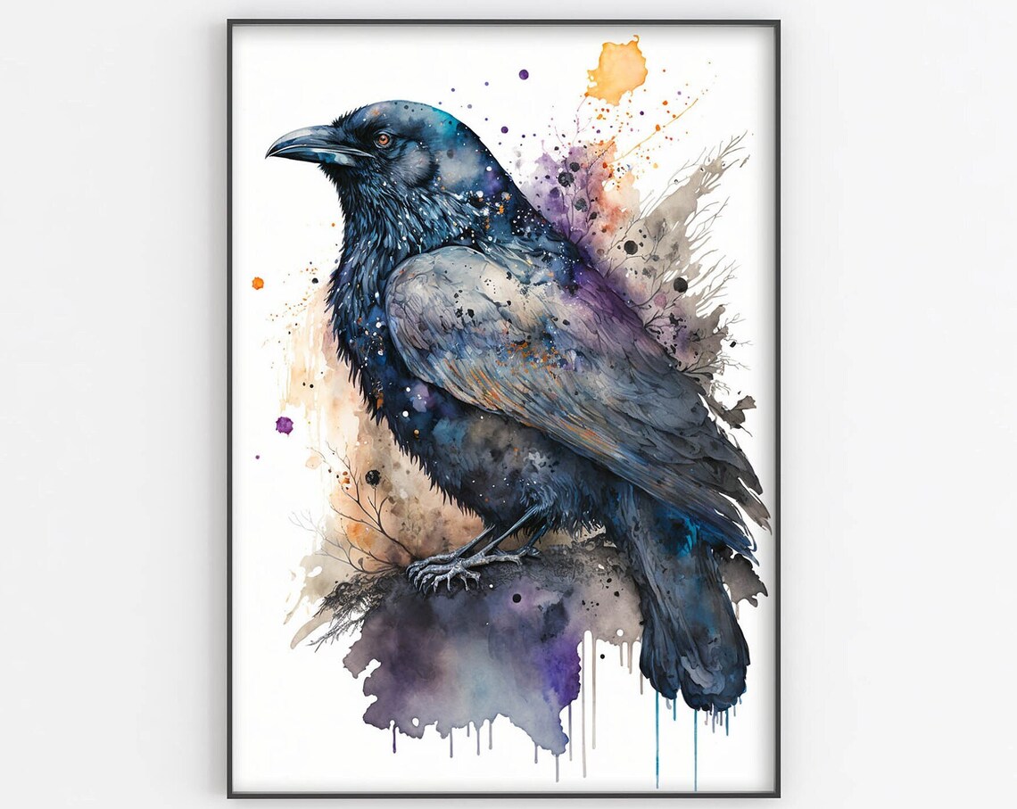 Raven Watercolor Poster Black Bird Paint Splash Gothic Style Art