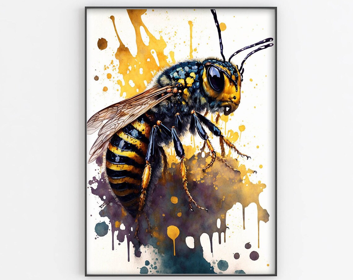 Watercolor Wasp Poster Yellow Black Insect Paint Splash Nature Art