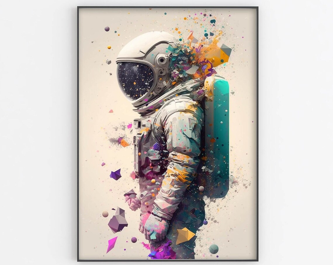 Pastel Geometric Astronaut Poster Confetti Shapes Cream Background Art