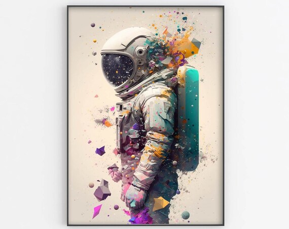 Pastel Geometric Astronaut Poster Confetti Shapes Cream Background Art
