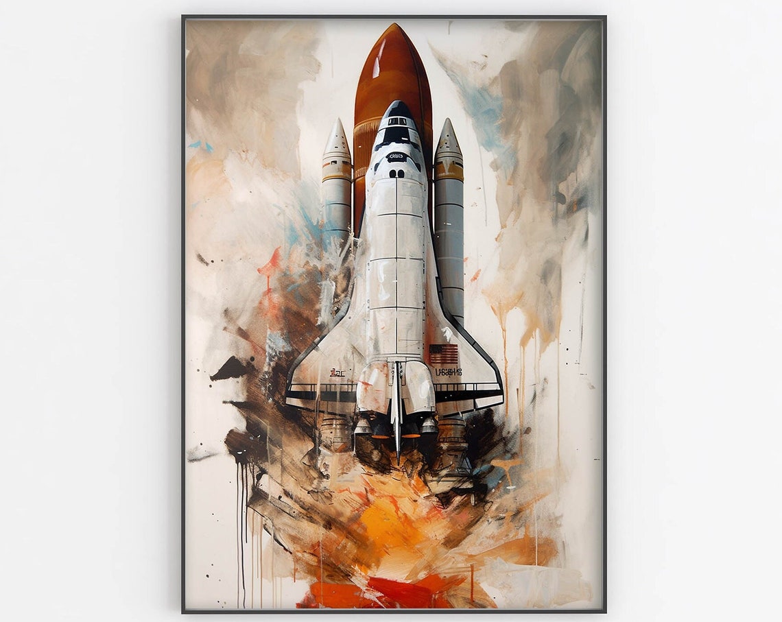 Space Shuttle Abstract Watercolor Splash Orange Grey Tones Poster